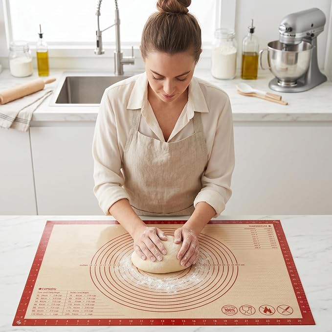 Silicone Pastry Mat with Measurements, 28 x 20 Inch Extra Thick Non-Slip Nonstick XL Baking Mat for Dough Rolling, Kneading, Fondant and Pie, Red