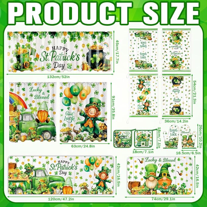 13 Pcs St. Patrick's Day Kitchen Decor Set 3 Shamrock Kitchen Curtains Valance 2 Irish Rugs and Mats 4 Hand Towels 2 Pot Holders 2 Oven Mitts for Home Decor Cooking Grilling Housewarming Gift