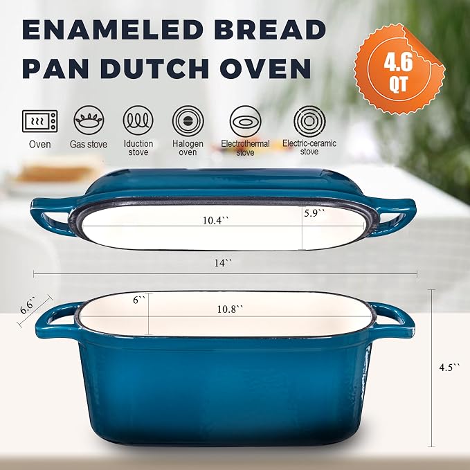 4.6 Quart Dutch Oven for Sourdough Bread Baking | Oval Bread Dutch Oven with Lid, Cast Iron Bread Pan for Crispy Crust, Steam Baking Design for Artisan Homemade Loaves, Teal