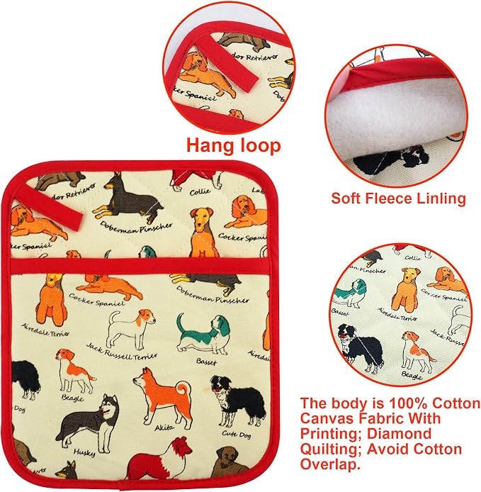 Pot Holders Set of 2 Heat Resistant 480℉ Kitchen 100% Cotton | Comfortable Lining Printing Dog Flower Women Men Home Cooking Baking Microwave BBQ Gift(Dog)