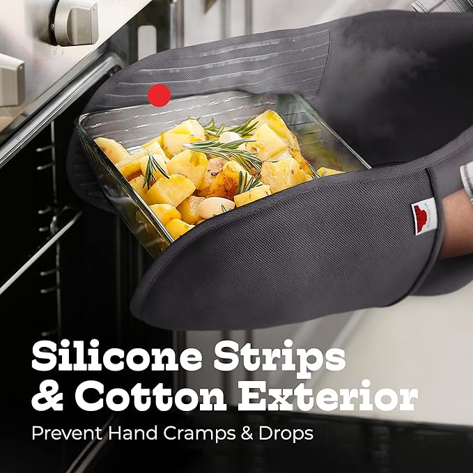 Grey Double Oven Mitt Kitchen Protection, Pack of 1 34x7.5 inches Heat Resistant Cotton, Professional Grade with Terrycloth Lining