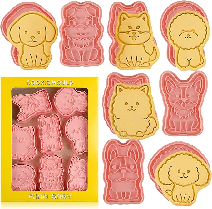 Dog Cookie Cutters Set, 8 Pcs Puppy Cookie Cutter with Plunger Stamps | Different Shapes, Rich Details and Textures, Cute Cookie Cutters for DIY Biscuit Dog Snacks Cheese Baking