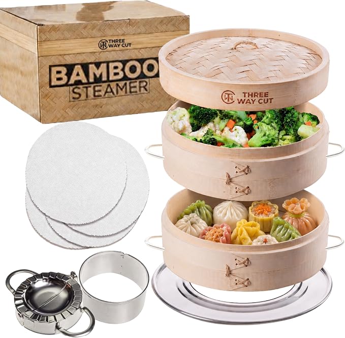 Bamboo Steamer 10 Inch 2 Tier Wooden Basket With Handle, Ring Adapter, Reusable Silicone Liner, Adapter, Molder Press For Cooking Vegetables Dumpling Press & Dough Cutter for Steaming Chinese Asian Food & Bao Bun, Dim Sum Potsticker