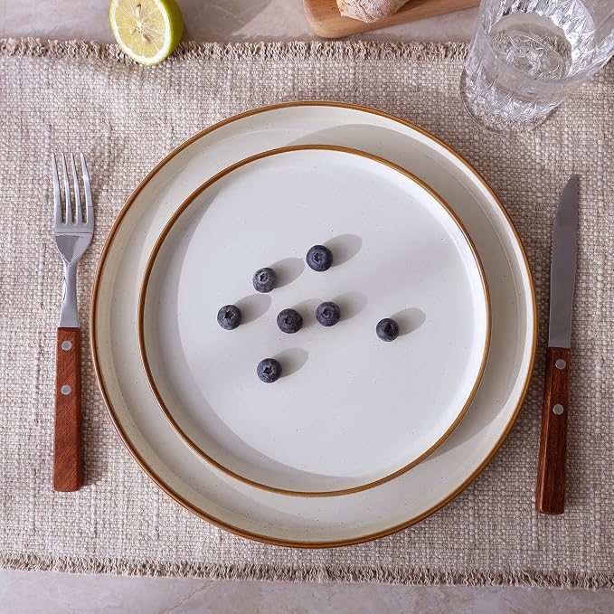 Famiware Nebula 18-Piece Dinnerware Set, Vanilla White with Brown Rim | Stoneware Dish Set for 6, Plates and Bowls, Microwave and Dishwasher Safe, Chip and Scratch Resistant