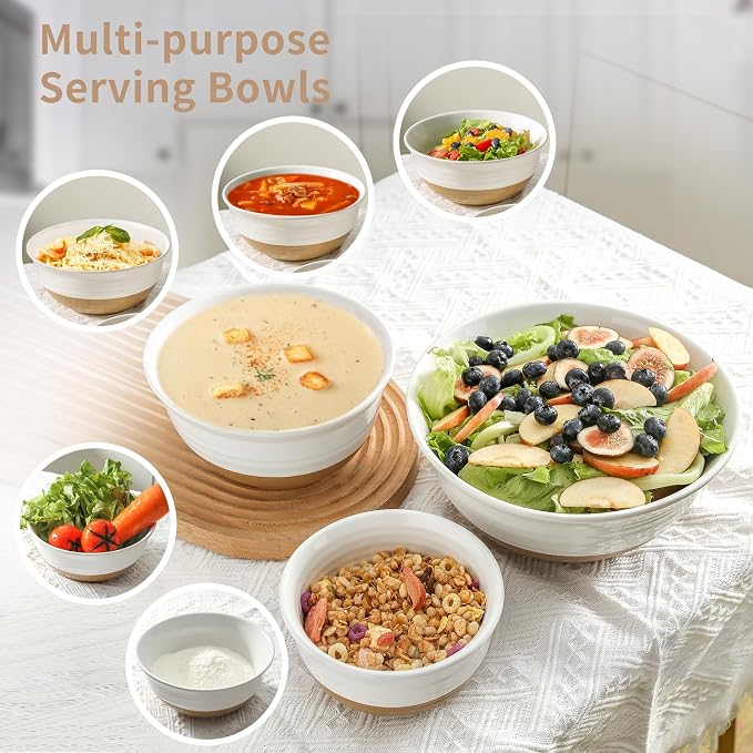 HASENSE Ceramic Serving Bowls, Large Salad Pasta Mixing Bowls Set, 2.1/1.0/0.5 Qt for Entertaining, White Nesting Batter Bowls for Prepping Baking, Dishwasher Microwave Safe, Set of 3