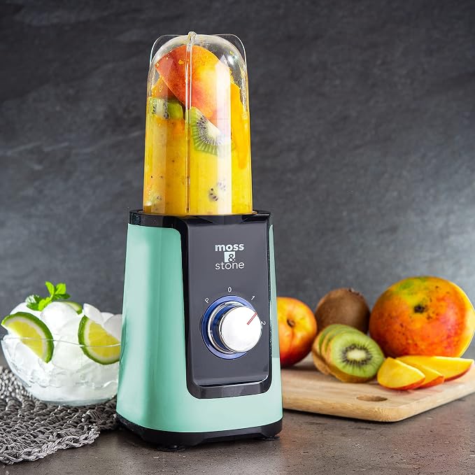 Moss & Stone Personal Smoothie Blender, Single Serve Blender for Shakes & Protein, 17oz Blend Cup & 10oz Grind Cup, Compact Mini Design for Home, Office, Gym & Travel