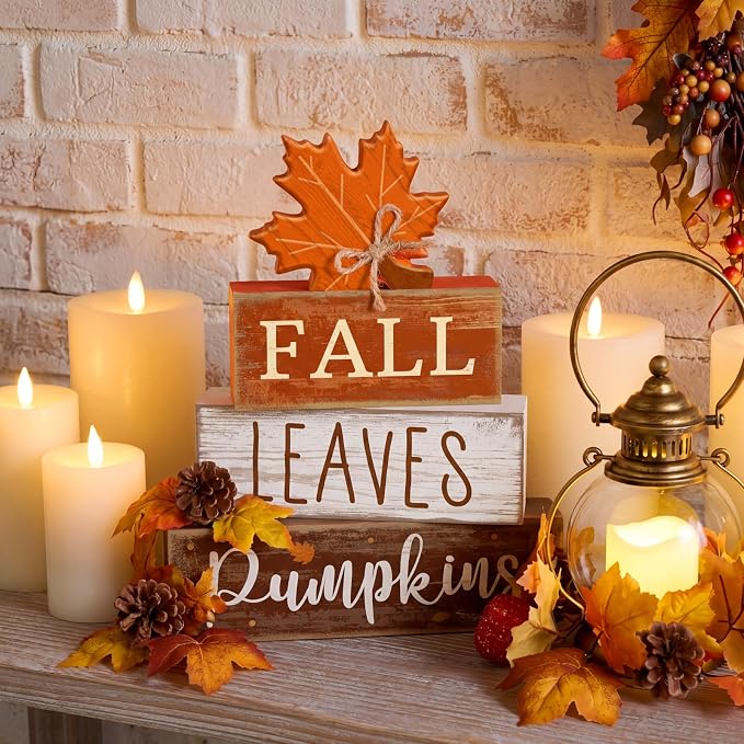 Lineshading 4 Pcs Fall Wood Block Signs Farmhouse Tabletop Decor Pumpkin | Rustic Stacked Blocks with Maple Leaf, Tiered Tray Mantel Decor, Harvest Thanksgiving Accents, Distressed Wood Finish