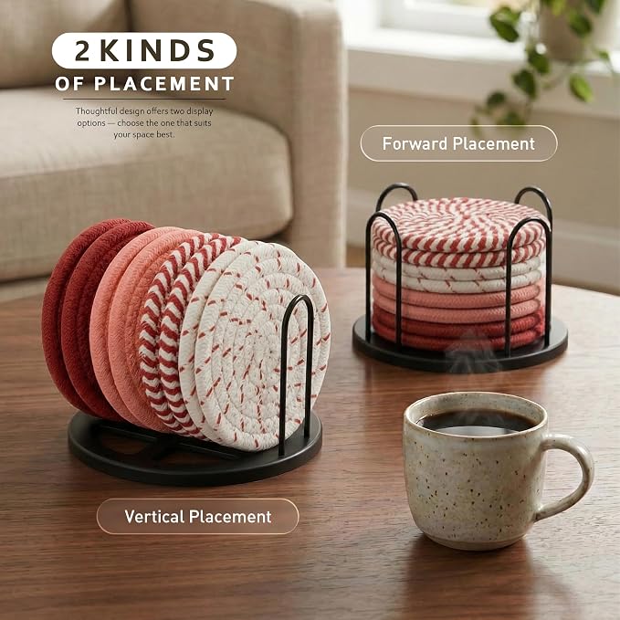 Lazebox Coasters Set of 8 for Drinks, 4 Inch Large Coasters for Coffee Table, Tabletop Protection for Hot & Cold Drinks, Versatile Coasters for Home Decor, Non-Slip & Easy to Clean, Red