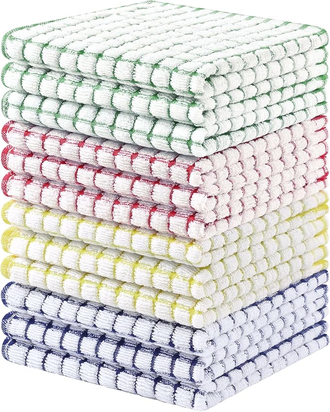 Homaxy 12 Pack Terry Kitchen Dish Cloths, 12"x12", Blue/Yellow/Red/Green | Super Soft and Absorbent Dish Rags, Quick Drying Reusable Dish Towels for Washing Dishes