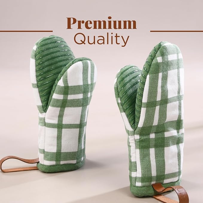 Folkulture Oven Mitts, Green Checkered, Set of 2,Heat Resistant -(5.75"x9") | 100% Cotton, Non Slip, Silicone, Cute Mini Mits with Hanging Loop, Kitchen Décor, Cooking Gifts, New Home Essentials