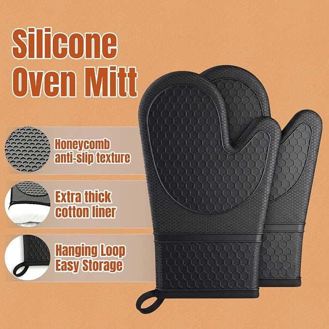 Silicone Oven Mitts 500°F Heat Resistant BBQ Gloves 2-Pack Black | 500°F heat resistance, non-slip honeycomb grip, waterproof & washable, extra long wrist guard, 2-piece set