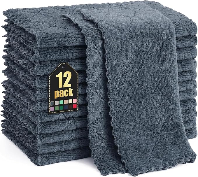 Homaxy 12 Pack Super Soft & Absorbent Dish Cloths, 10" x 10", Dark Grey | Coral Velvet, Nonstick Oil Fast Drying Microfiber Cleaning Cloth, No Lint Household Dishcloths
