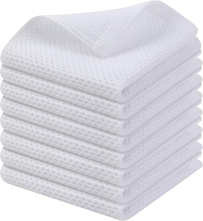 Kitinjoy 100% Cotton Waffle 8-Pack Kitchen Towels, 12" x 12", White | Ultra Absorbent, Super Soft, lightweight, Quick Drying Dish Rags for Washing Dishes