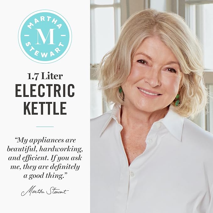 Martha Stewart 1.7L Glass Carafe Electric Kettle with Removable Tea Infuser | 7 Cups, 4 Presets, Rapid Boiling, Stainless Steel Tea Leaf Infuser, Cordless Swivel Base, Keep Warm, Auto Shut-Off, Sky Blue