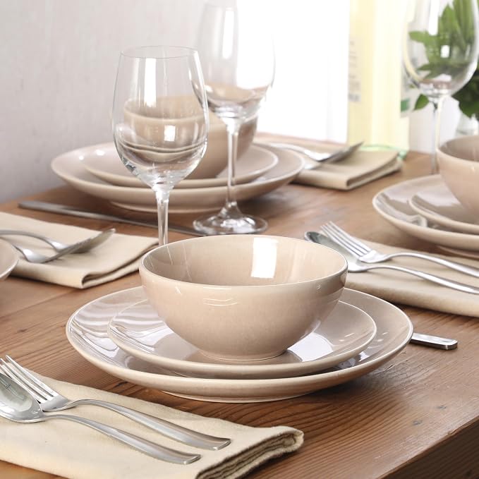 Gibson Elite Castle Peak Plates and Bowls Set, 12-Piece Dinnerware Set, Taupe Reactive Glaze Stoneware Dishes, Dinner Plates, Salad Plates & Cereal Bowls