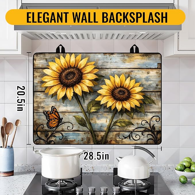 NYZE Stove Cover for Glass Top Stoves, Extra Counter Space 28" x 20" Rustic Sunflower Decorative Cooktop Protector, Heat Resistant Mat Pad for Kitchen Organization