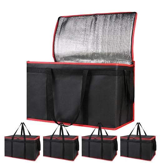 Bodaon 5-Pack Cooler Insulated Food Delivery Bag, Rideshare Delivery Bag, XXX-Large Thermal Bags for Catering/Hot Pizza, Travel/Camping Essentials/Picnic/Grocery Reusable Warmer Frozen, Black-Red Edge