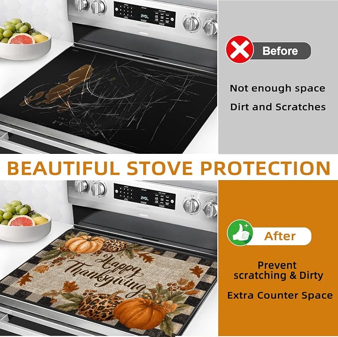 Thanksgiving Day Stove Top Cover for Electric Stove Fall Heat Resistant Glass Cooktop Cover,Check Pattern Glass Cooktop Protector,Autumn Maple Leaves Stove Top Protector