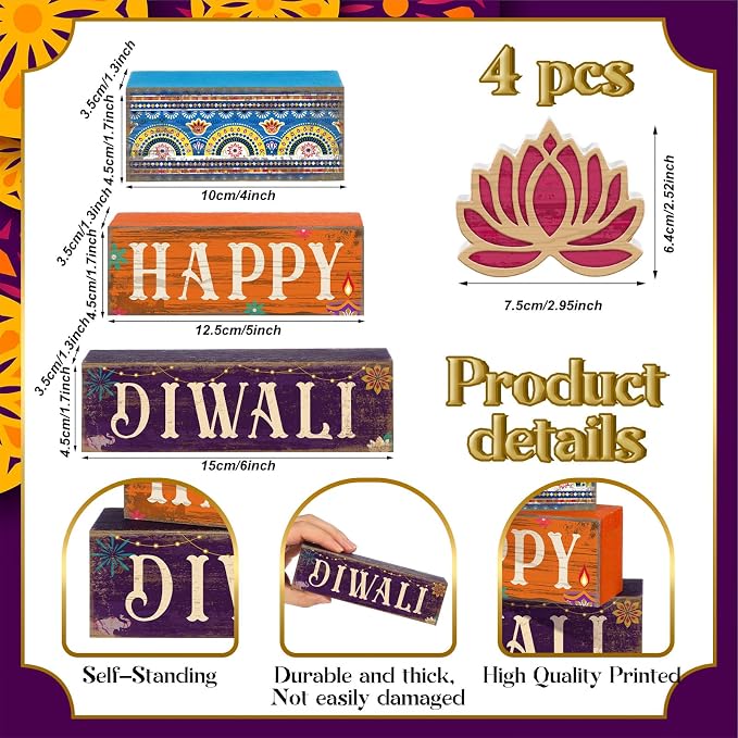 Lineshading 5 Pcs Diwali Wooden Block Signs Farmhouse Tiered Tray Decor | Happy Diwali Tabletop Decor with Lotus, Rustic Stackable Wood Blocks, Festival Decorations for Shelves Mantels Desks