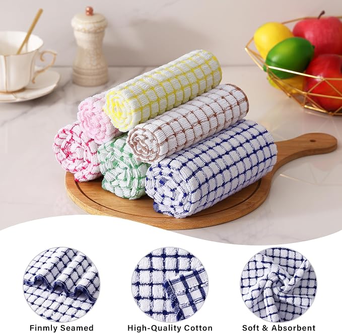 Homaxy Kitchen Towels and Dishcloths Set (16”x 25” and 12”x 12”, 12 Pack) | Cotton Terry Kitchen Dish Towels, Super Soft and Absorbent Dish Cloths, Black/Grey/Yellow/Green