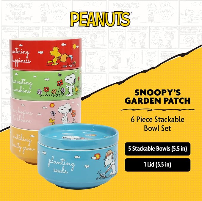 Peanuts Snoopy 6-Piece Stackable 5.5-Inch Decorated Stoneware Bowl Set With Matching Plate, Microwave & Dishwasher Safe, Collectible Kitchen Dinnerware