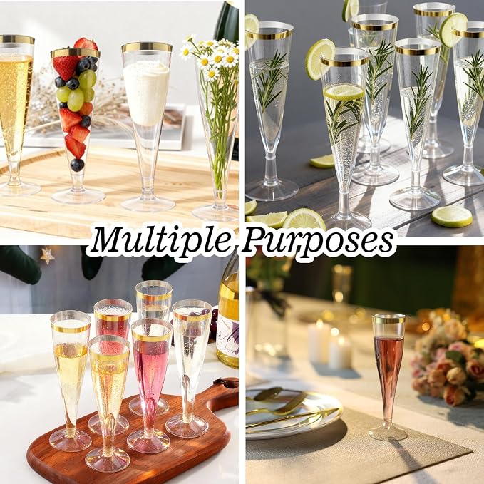 Bestluck 100 Pack 4.5 oz Gold Glitter Champagne Flutes Plastic | Plastic Disposable Stemware with Gold Rim, Disposable Champagne Flutes for Party, Mimosa Bar, Wedding, Anniversary