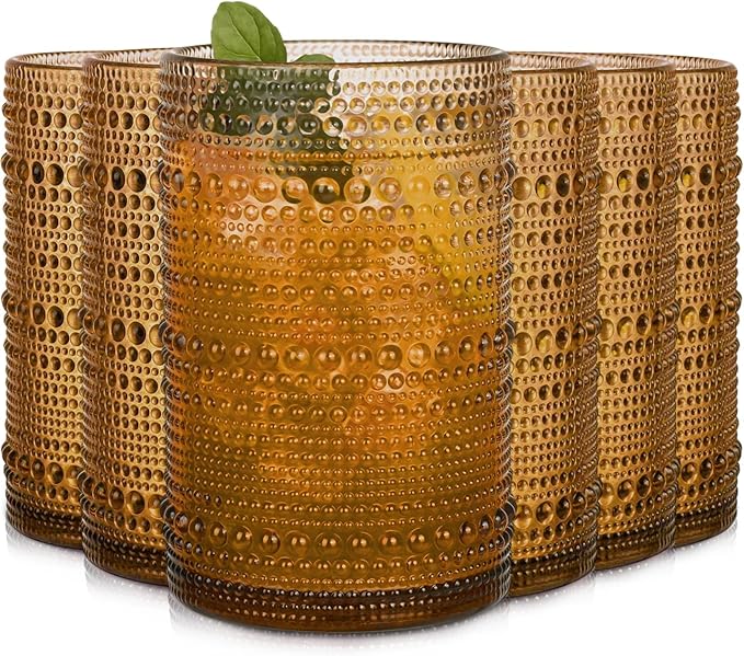 Amber Hobnail Drinking Glasses Set of 6,15 oz Vintage Highball Glasses,Drinkware Kitchen Glasses for Cocktail,Iced Coffee,Beer,Ice Tea,Wine,Whiskey,Water
