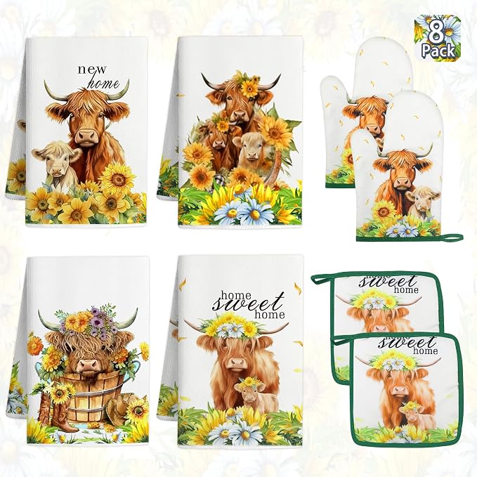 8 PCS Highland Cow Kitchen Decor and Accessories, 4 Dish Towels Set 2 Oven Mitts and Pot Holders Sets for Cooking Baking Home Sweet Home Sunflower Cattle Watercolor Farmhome