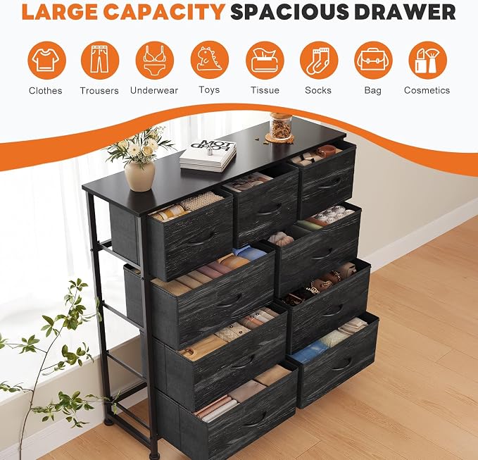 Sweetcrispy 9 Drawer Fabric Dresser Storage Tower Drawer Organizer | Sturdy Steel Frame with Wood-top, Easy-pull Handles, Space-Saving Organizer Chest for Bedroom, Closet, Black Wood Grain
