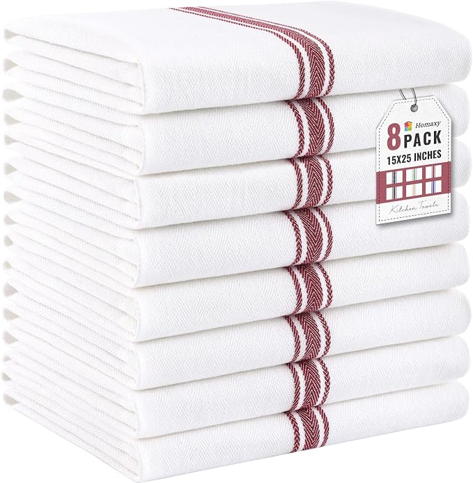 Homaxy 100% Ring Spun Cotton Kitchen Towels 8 Pack, Red Stripe | 15 x 25 Inch, Highly Absorbent Dish Towels for Kitchen Drying, Reusable Cleaning Cloths, Soft Tea Towels with Hanging Loop