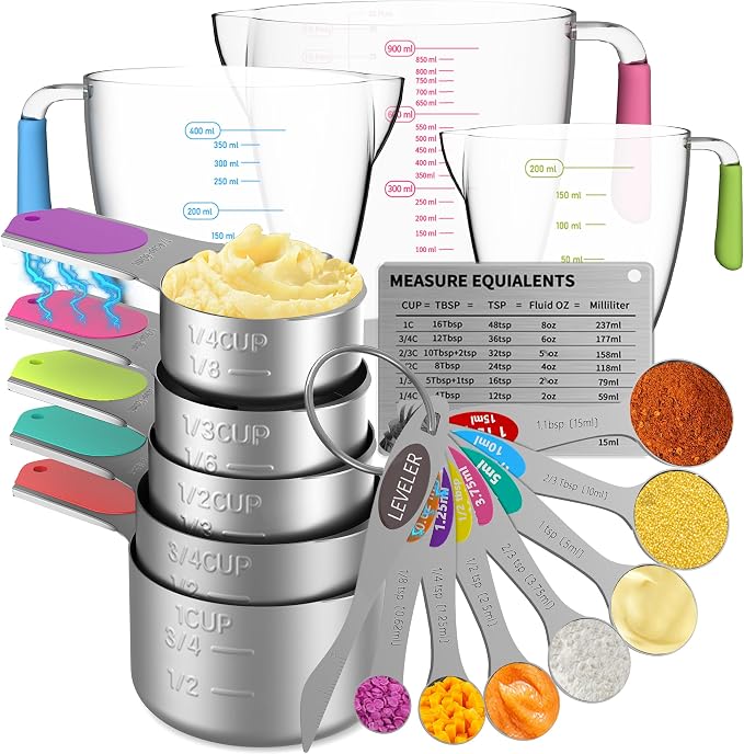 Measuring Cups and Spoons Set, 5 Stainless Steel Measuring Cups, 3 Plastic Measuring Cup, 7 Measuring Spoons, 1 Leveler, 1 Measuring Conversion Chart for Cooking & Baking