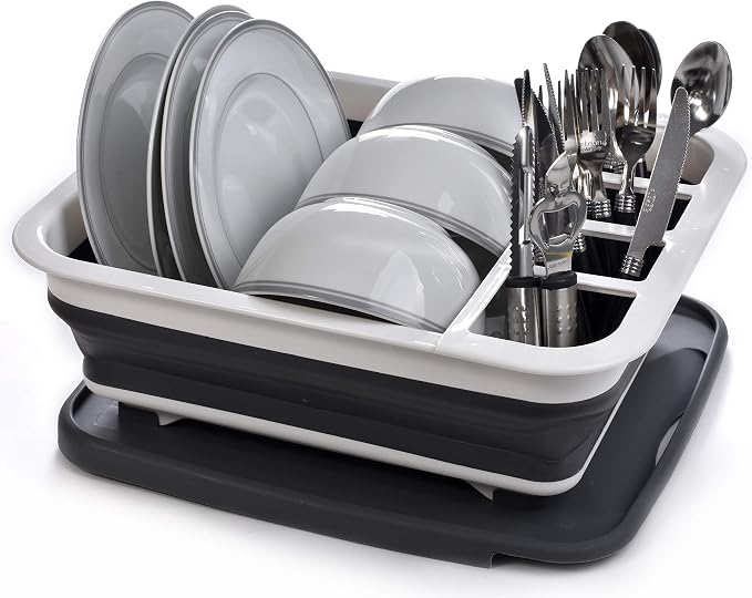 Masirs Pop-Up Collapsible Dish Drying Rack: Convenient Storage, Drains into Sink, Eight Large Plate Capacity, Sectional Cutlery and Utensil Compartment. Compact and Portable Design.