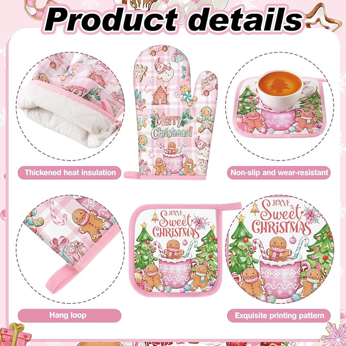 Fanfanwin 10 Pcs Christmas Gingerbread Man Kitchen Decor Accessories Set | Pink Christmas Gingerbread Towels Pot Holders Oven Mitts Rugs for Baking Cooking BBQ, Holiday Decor, Gifts