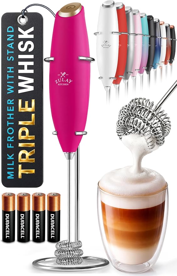 Zulay Kitchen Powerful Milk Frother Wand With Duracell Batteries - Ultra Fast Handheld Drink Mixer - Electric Whisk Foam Maker for Coffee, Lattes, Cappuccino & Matcha - Triple Whisk - Magenta Gold