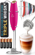 Zulay Kitchen Powerful Milk Frother Wand With Duracell Batteries - Ultra Fast Handheld Drink Mixer - Electric Whisk Foam Maker for Coffee, Lattes, Cappuccino & Matcha - Triple Whisk - Magenta Gold