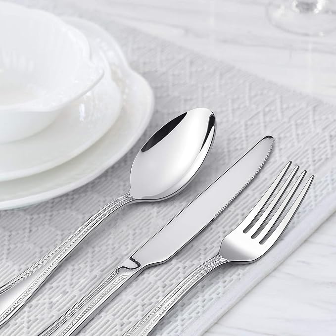 HaWare Silverware Set, 60-Piece Pearled Edge Stainless Steel Flatware for 12, Beading Tableware Cutlery Utensil for Home, Mirror Polished, Dishwasher Safe
