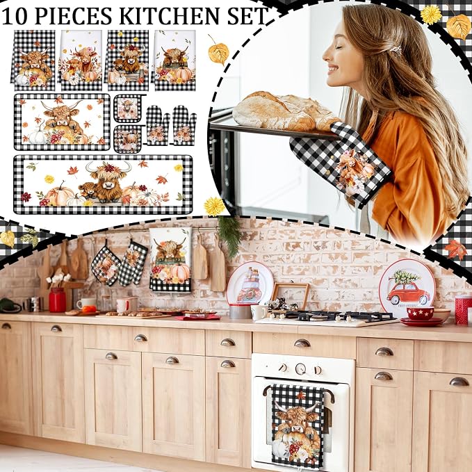 Fourluoo 10 Pcs Kitchen Dish Towels Rugs Oven Mitts and Pot Holders Set Farmhouse Kitchen Decor Set for Women Mom Daughter Gift Cooking Baking Grilling(Warm Color,Highland Cow)