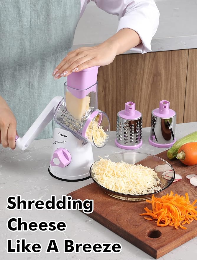 Geedel Rotary Cheese Grater Hand Crank, Cheese Shredder Vegetable Slicer | 3 Blades, 430 Stainless Steel, 12x Fast Cutting, Strong Suction Base, No BPA, Dishwasher Safe, for Cheese, Veggie, Nut
