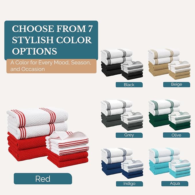 Casa Platino Kitchen Towel Set 8 Pc - 4 Dish Towels (16"x26") & 4 Dish Cloths for Washing Dishes (13"x13") - Cotton Rich, Absorbent, Quick Dry & Durable Kitchen Hand Towels for Wiping Dishes - Red.
