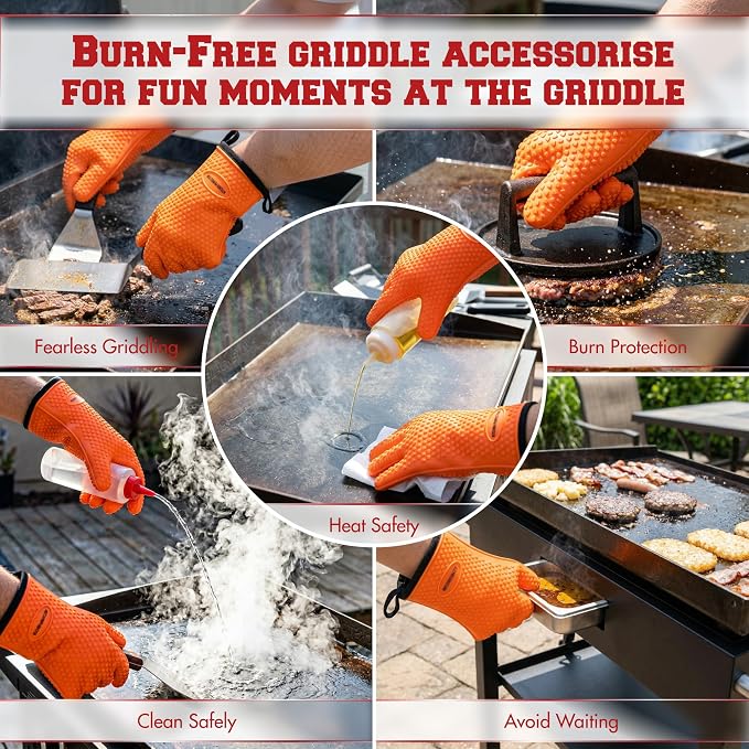 KITCHEN PERFECTION XL Silicone Griddle Gloves - Heat Resistant Oven Mitts | Waterproof, 5-Finger Design For A Better Grip, Best Griddle Grilling Accessories, Compatible with Blackstone, Weber & More