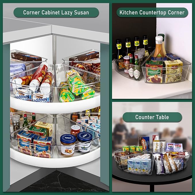 Lazy Susan Cabinet Organizer Bins for 26"/ 28"/ 32" Diameter | Corner Organizer, Plastic Cabinet Storage Bin, 1/8 Wedge - Food Safe, BPA Free, with Non-Slip Pads (for 26" Diameter, 8 Pack)