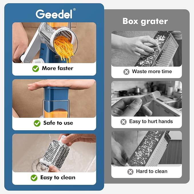 Geedel Rotary Cheese Grater Hand Crank, Cheese Shredder Vegetable Slicer | 3 Blades, 430 Stainless Steel, 12x Fast Cutting, Strong Suction Base, No BPA, Dishwasher Safe, for Cheese, Veggie, Nut