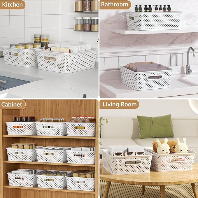 MaxGear 3 Pack Plastic Storage Baskets, Large, White | Durable Woven Plastic with Built-In Handles, Suitable for Shelves, Closets, Cabinets, Bathrooms and Offices