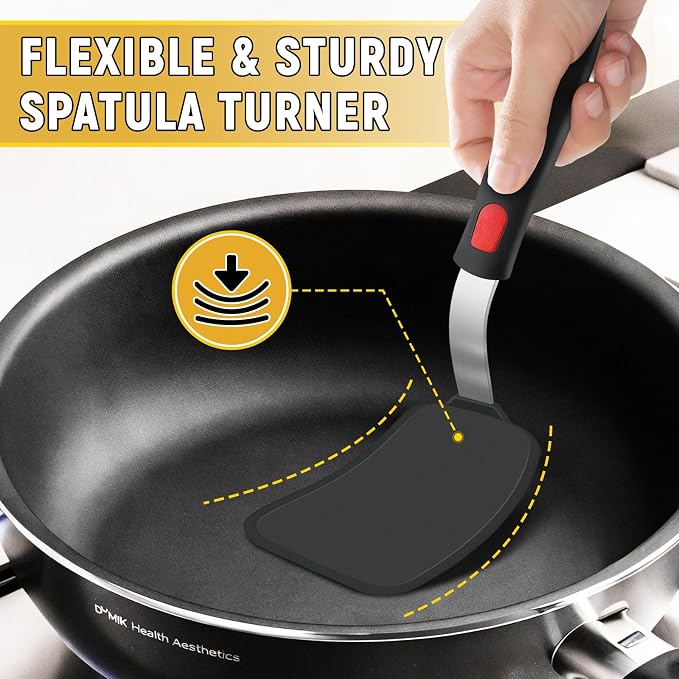 2Pack Flexible Silicone Spatula Turner, Heat Resistant Silicone Turner for Non-Stick Cookware, BPA-Free Kitchen Spatula Utensils, Ideal for Flipping Eggs, Burgers, Pancakes, Black