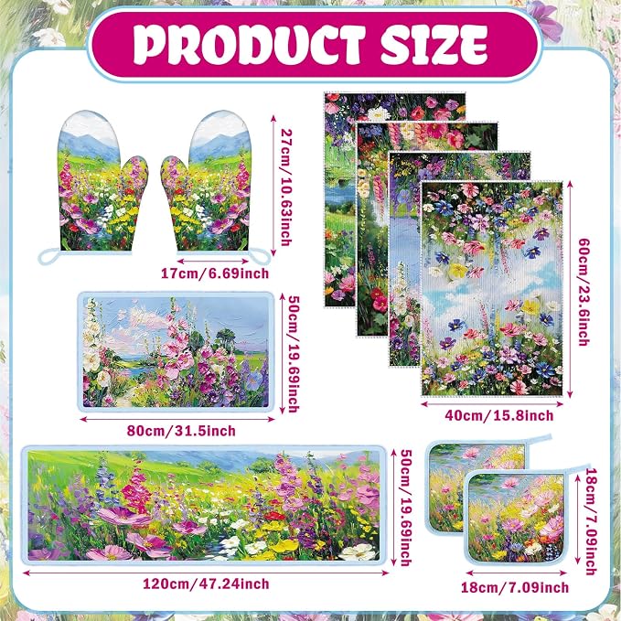 Fourluoo 10 Pcs Spring Kitchen Decor Sets Oil Painting Kitchen Towels Pot Holders Oven Mitts Floral Non Slip Rugs and Mats for Floor Home Accessories Cooking Baking Grilling