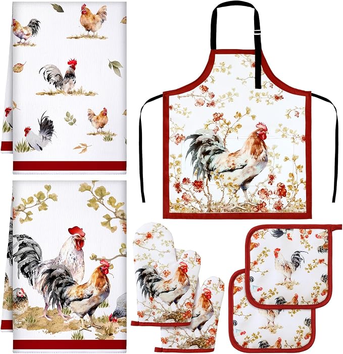 7 Pcs Rooster Kitchen Linen Set Includes Apron 2 Towels Oven Mitt 2 Pot Holders Country Farmhouse Kitchen Decor Gift