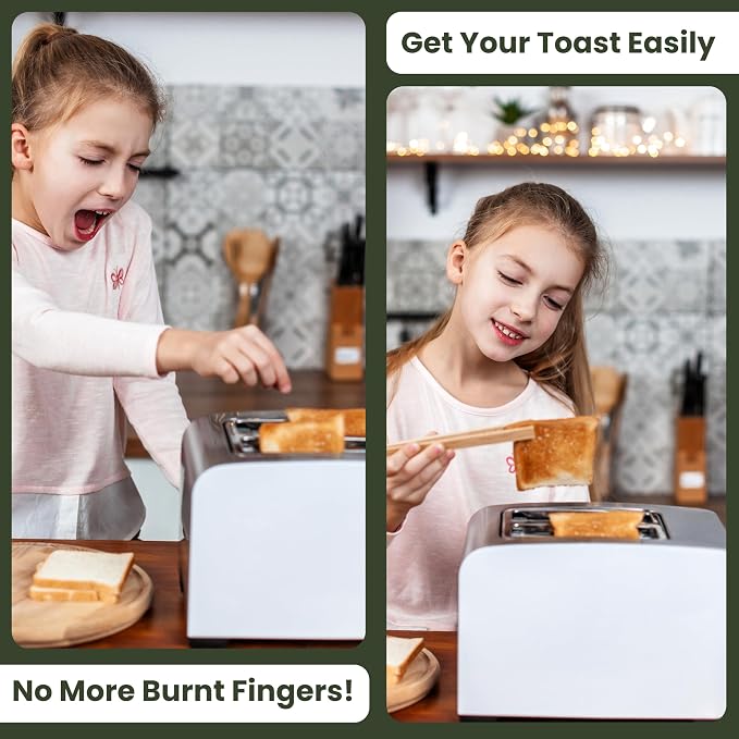 Toaster Tongs With Magnet | Kitchen Utensils For Cooking and Holding Toast Bacon Muffin Bagel Bread | 8 Inch Long Natural Non Toxic Bamboo
