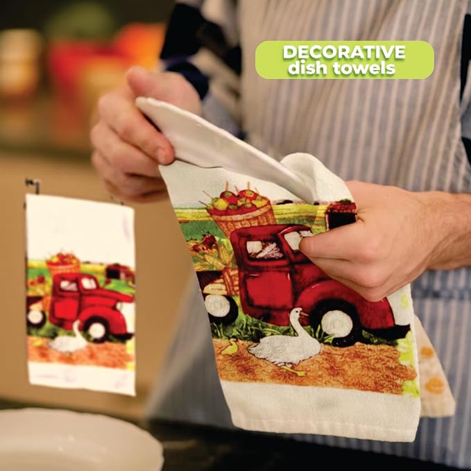 Lobyn Value Pack Vintage Red Truck Design, 5 Piece Set | Kitchen Towel Set with 2 Decorative Dish Towels (25 X15), 1 Oven Mitt (11 X 7) and 2 Potholders (6.5 X 6.5)