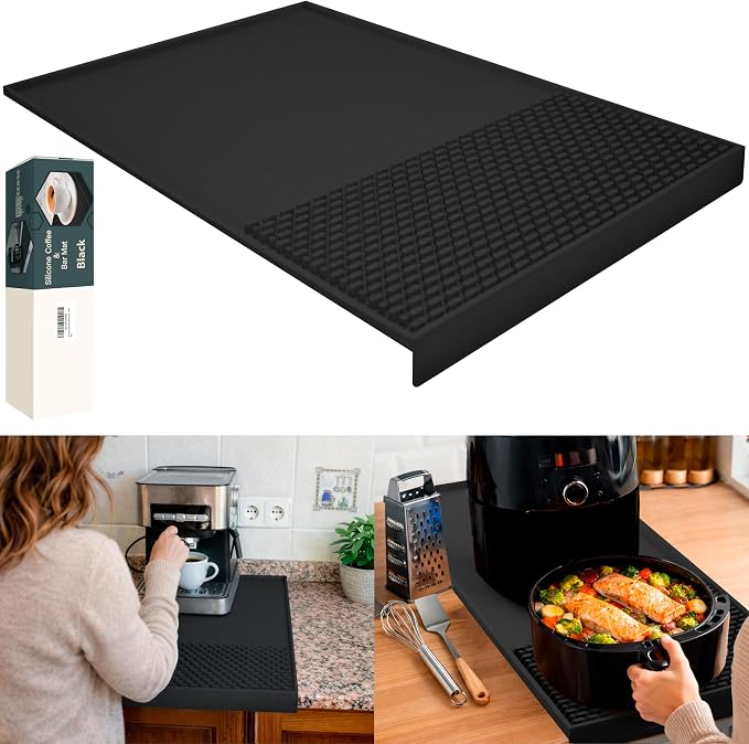 Coffee & Bar Mat For Countertop With "Edge Protection" – Espresso Machine & Coffee Maker Mat – Silicone Heat Resistant Mat – Non-Slip & BPA-Free Food Grade Mat – 16"(Front) x 24"(Length), Black