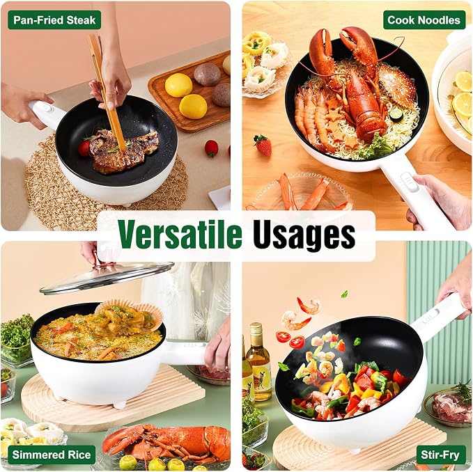 Hot Pot Electric with Steamer, 3L Non-Stick Frying Pan, Rapid Noodles Cooker Electric Pot for Steak, Egg, Fried Rice, Ramen, Soup with 2 Heating Power, Spatula